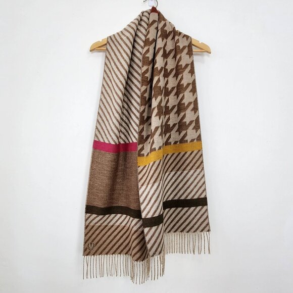 Reversible Houndstooth Stripe Pattern Beige Scarf Fringe Fall Fashion Cozy Soft - Picture 1 of 14